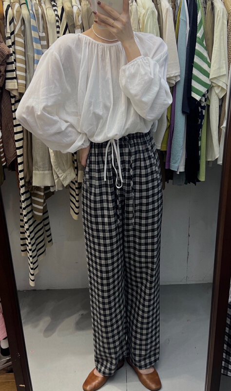 [h-xl] Plaid high waist comfortable casual pants 3681\ll