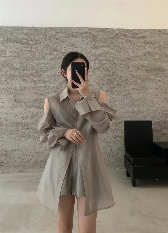 [top] loose long sleeve sunscreen shirt + high waist casual Shorts Set ys1-ys1-9031\zjy