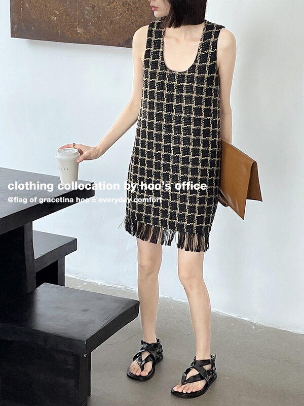 [gracetina Hoo] simple U-neck design lazy loose tassel hem thin versatile sleeveless dress ly6179\zxl