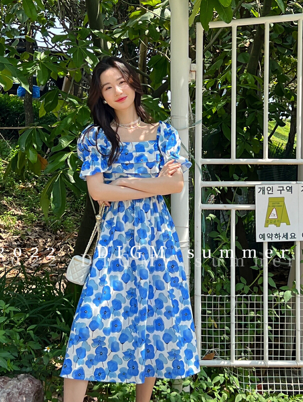[digm] French retro floral square neck bubble sleeve slim dress 1754-1\zxx