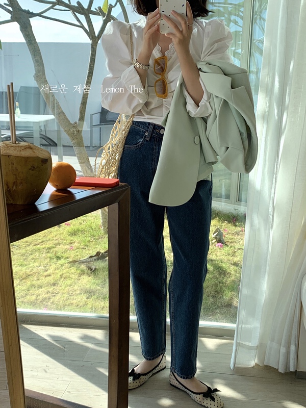 New year in early spring! [lemon green tea] Korean version of versatile solid jeans b-818\hjy