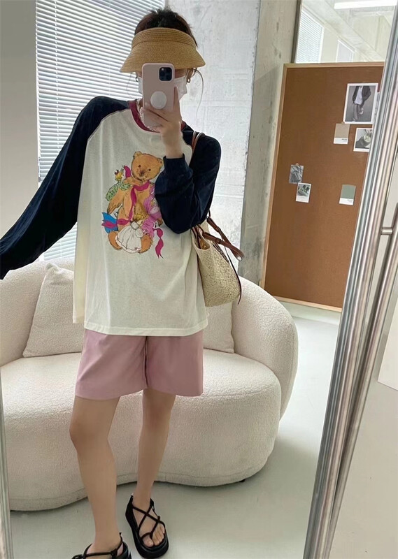 [yoyo style] casual simple bear print contrast long sleeve T-shirt 8585\xyy