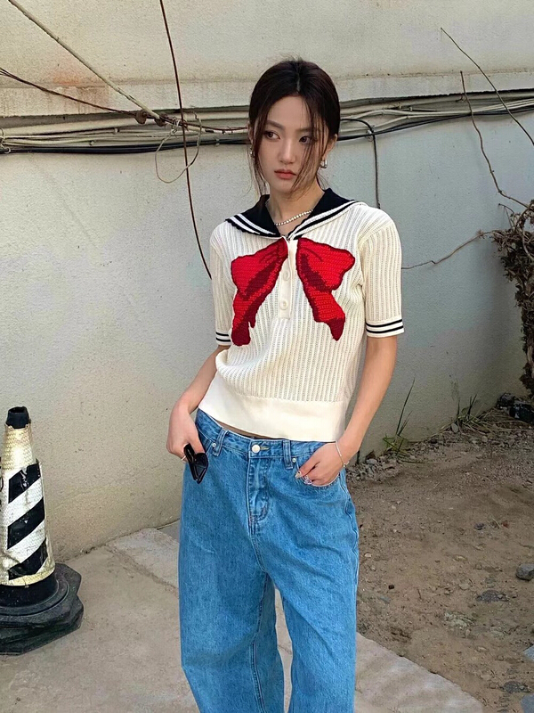 [blue show] Navy collar embroidered bow hollow out sweater 6202\lsw