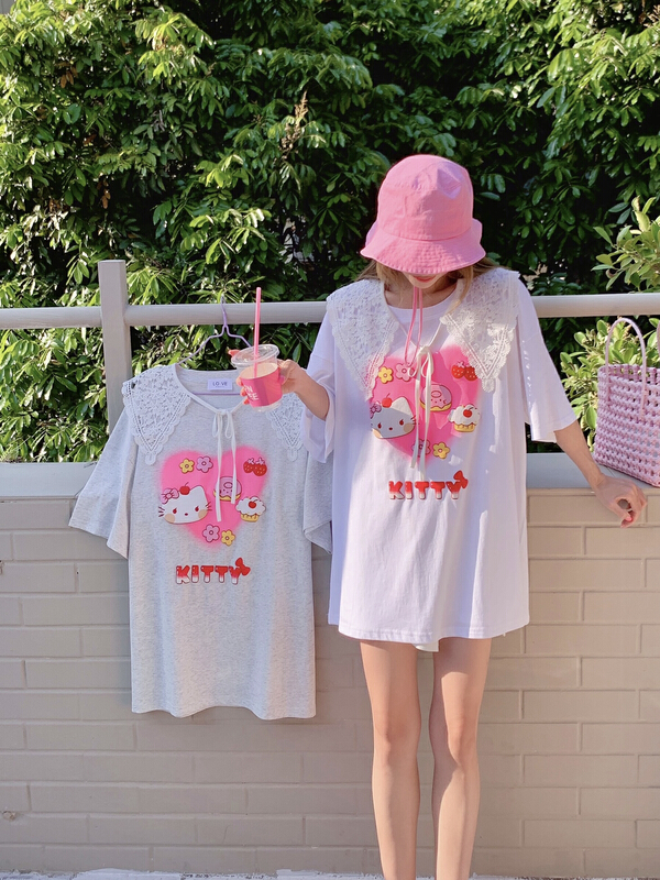 [love] cartoon printed loose short sleeve T-shirt (with detachable shawl) 929-1\wtt