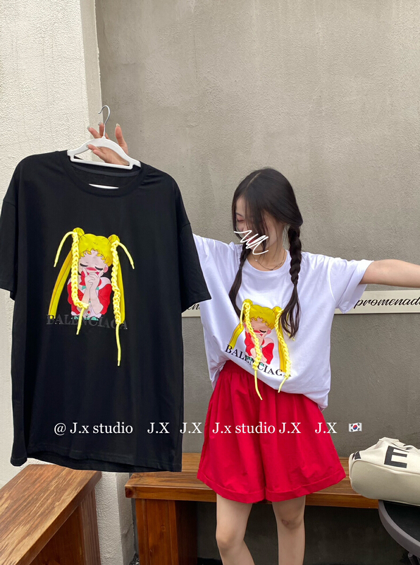 [JX] cartoon braid loose pretty girl warrior short sleeve T-shirt 1100\wtt