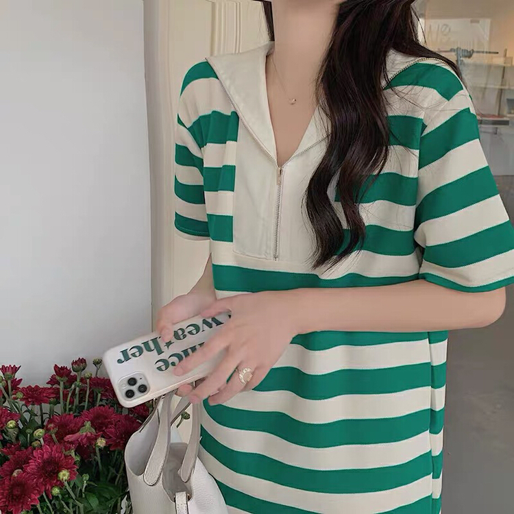 [blue show] Navy collar stripe zip loose dress 8167\lsw