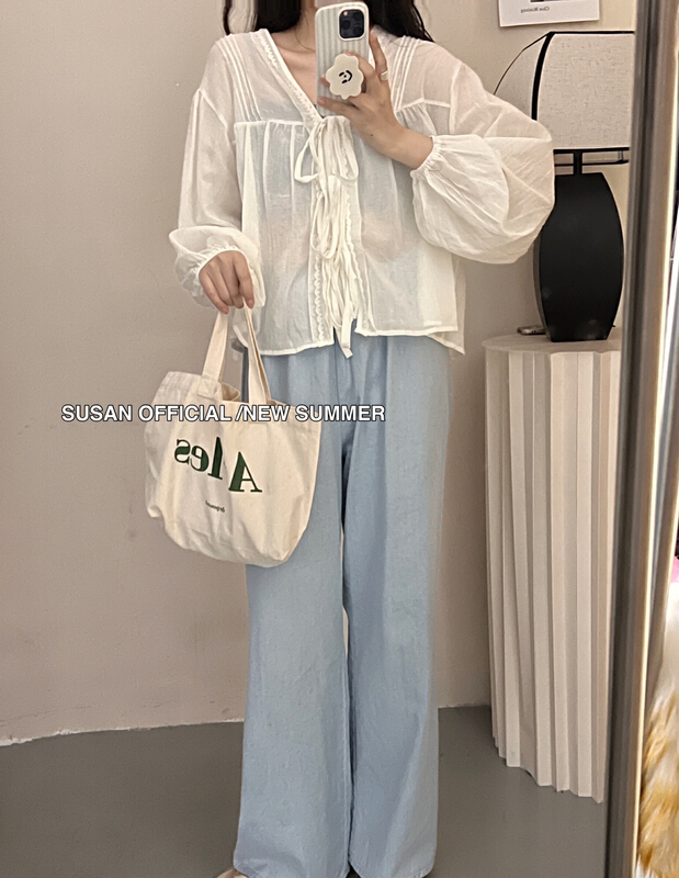 【 Susan 】 casual and versatile long sleeve lace up blouse 19132\lsw