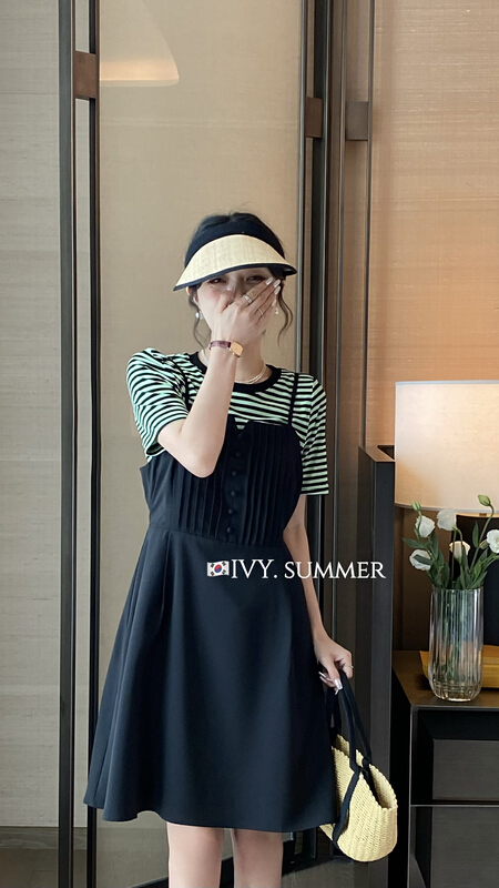 [Ivy] Korean slim waist strap dress + simple fashion stripe short sleeve suit 88276\jhy
