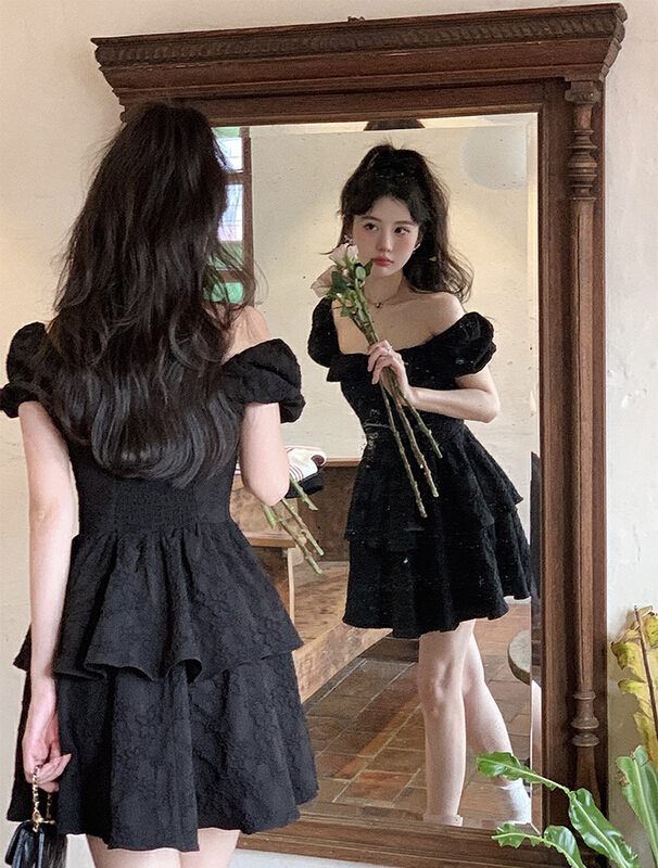 [y.jia EJA] French square neck double layer cake dress 6116