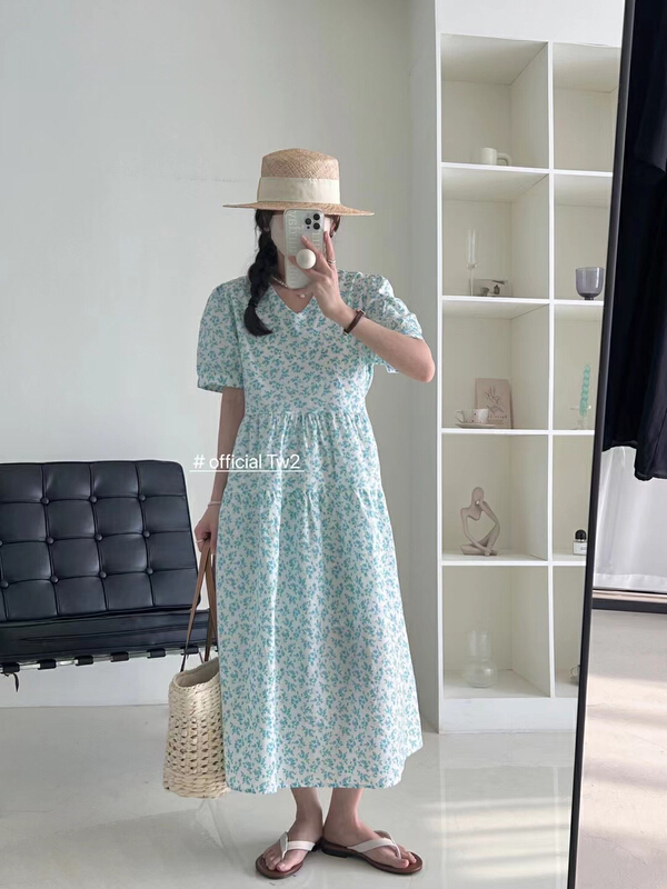 [TW2] fresh and simple V-neck floral waist lace up dress 19206\hbx