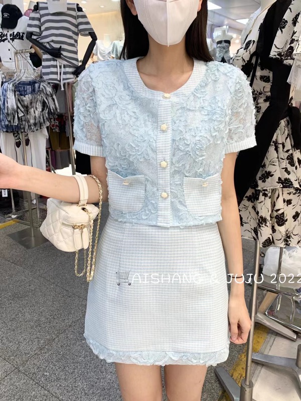 [AI Shang] temperament celebrity style round neck short sleeve shirt + short skirt set 33217\hjy