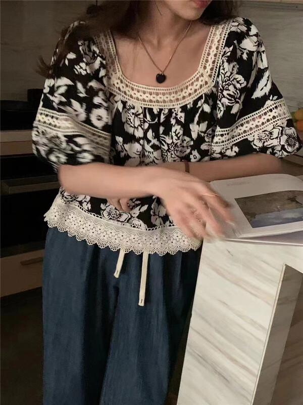 [OA] square neck bubble sleeve printed shirt ys1-018\xyy