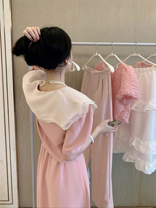[Daidai] French lotus leaf collar double breasted blouse + pleated skirt set ys4609\hbx