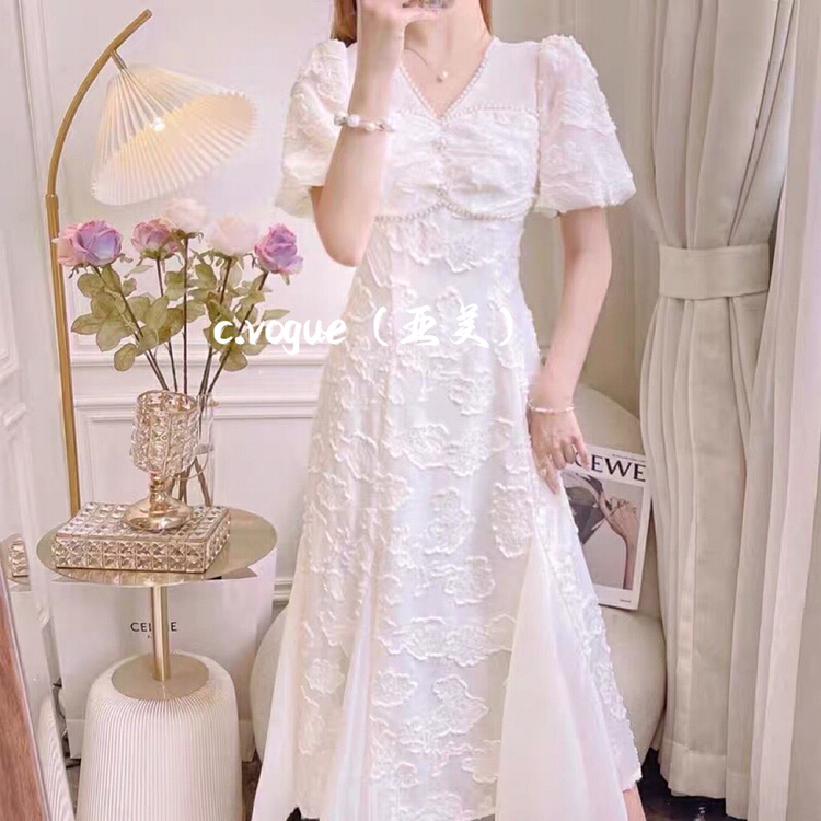 [c.vogue] French gentle pearl V-neck waist closing temperament dress 3883\pcz