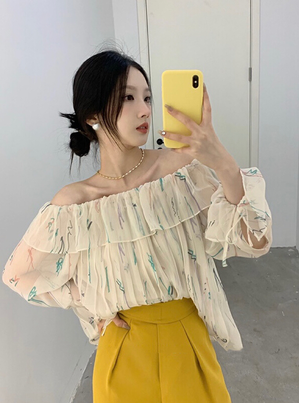 [savage] French retro one line shoulder exposed shoulder lotus leaf edge sunscreen shirt e8639\wpl