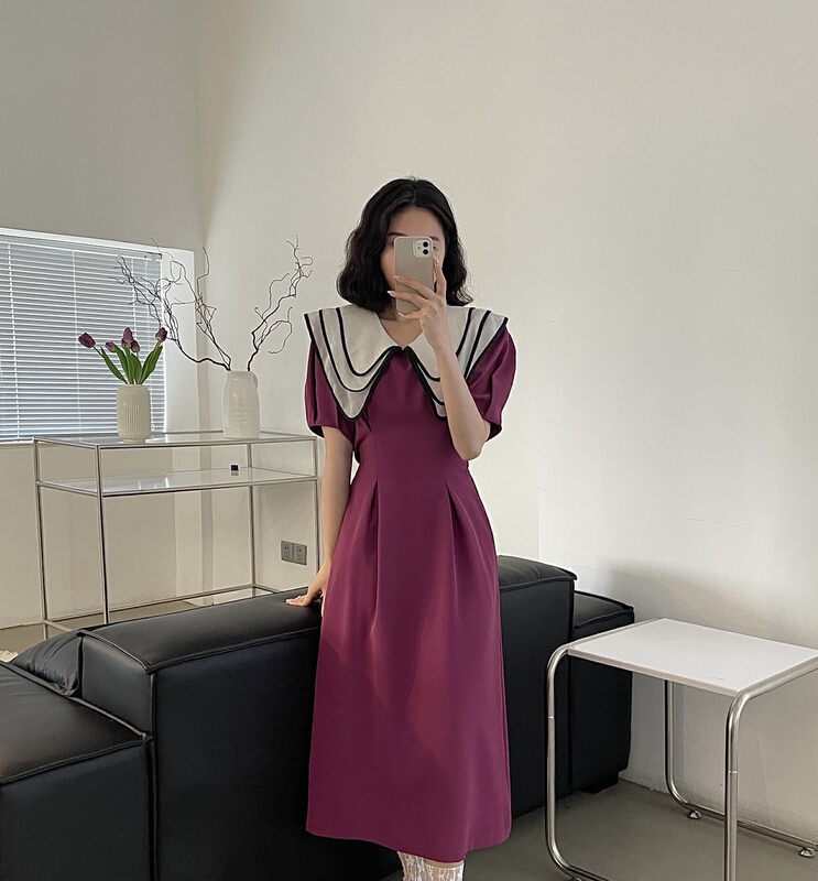 In early summer! [lemon tree] Korean three-layer collar slim dress (with belt) 66297\xyy