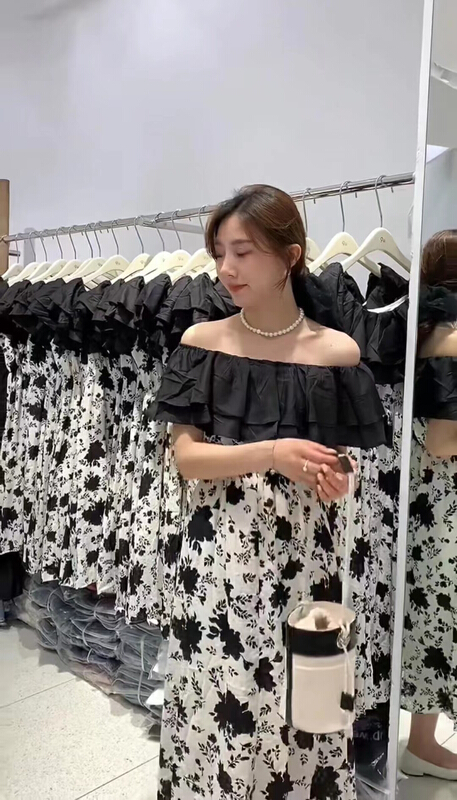 [mi ni] little woman's one line collar floral dress 1233\pcz