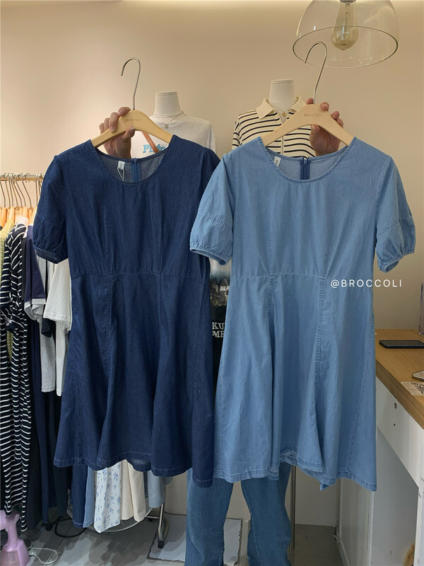 【 broccoli 】 Korean round neck bubble sleeve denim dress 8065\zjy