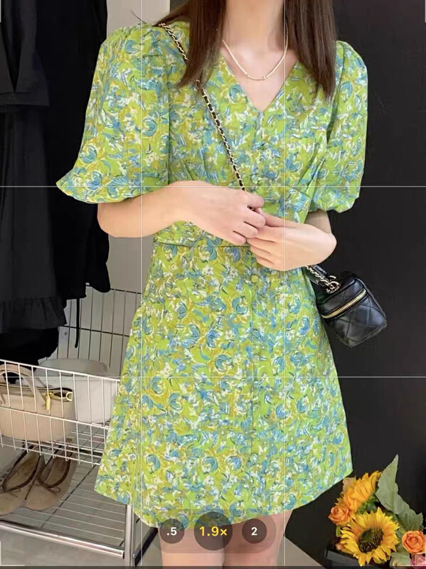 [Zoe Zoe] V-neck bubble sleeve Printed Dress c962\zjy