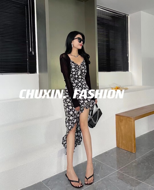 [c.x Chuxin] new spice girl suspender Floral Chiffon women's design irregular dress 6239\wtt