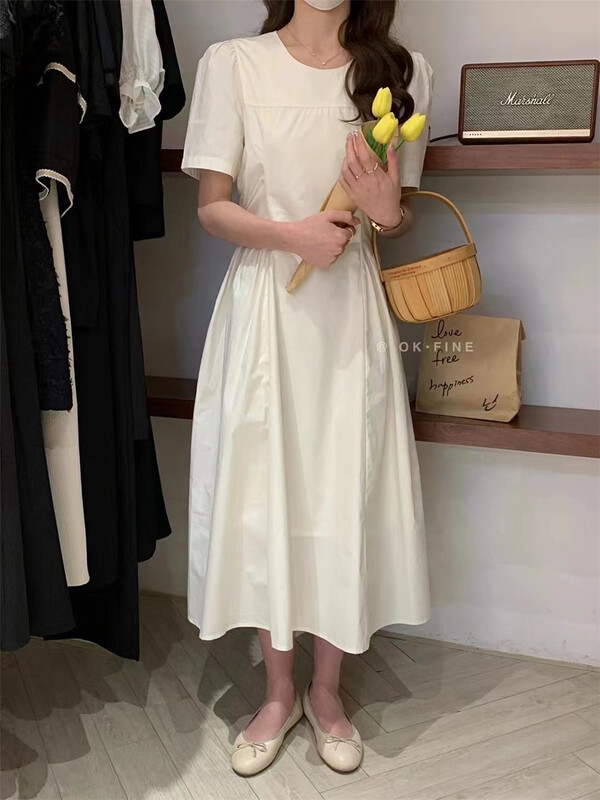 [OK fine] Korean round neck bubble sleeve waist dress 2039\zjy