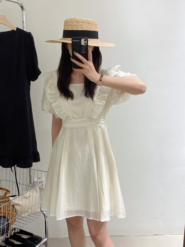 [chocolate] loose waist solid dress (with LACE VEST) 21022\ll
