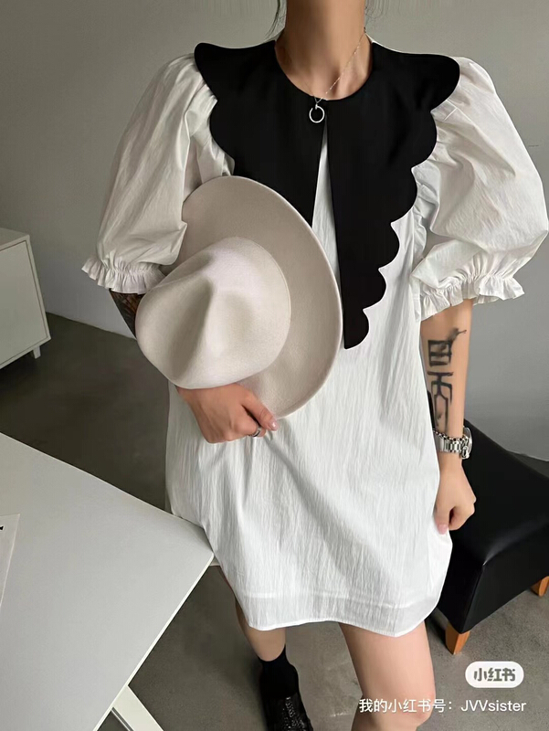 [jvv sister] contrast color wavy edge bubble sleeve dress 82331\zxl