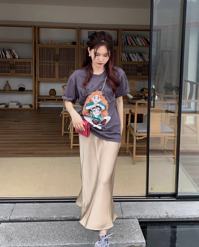 Original price 66.55! [y.jia EJA] cartoon printed short sleeve high waist skirt set 7320\pcz