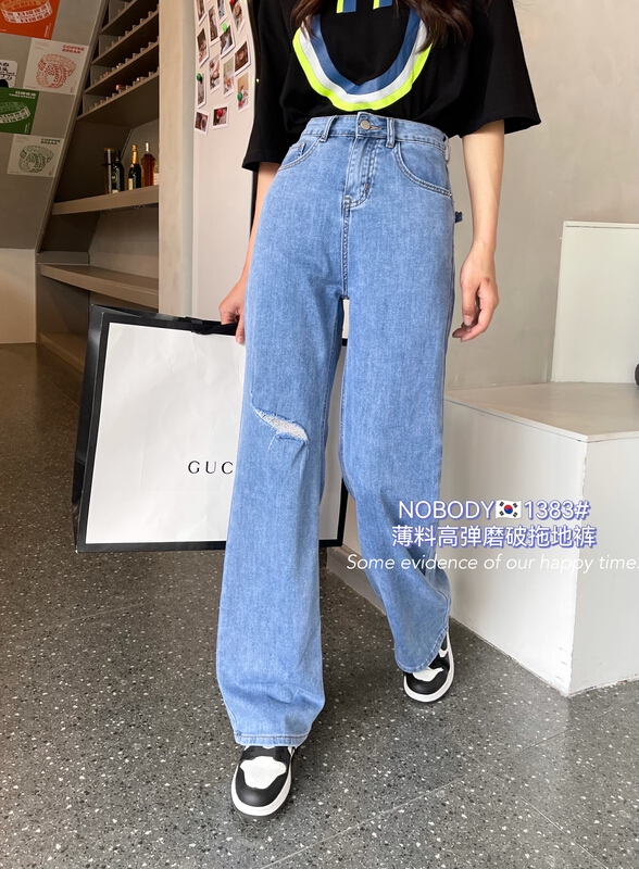 Original price 82.74! In early summer! [pour one] thin elastic wide leg jeans with holes f1383\l