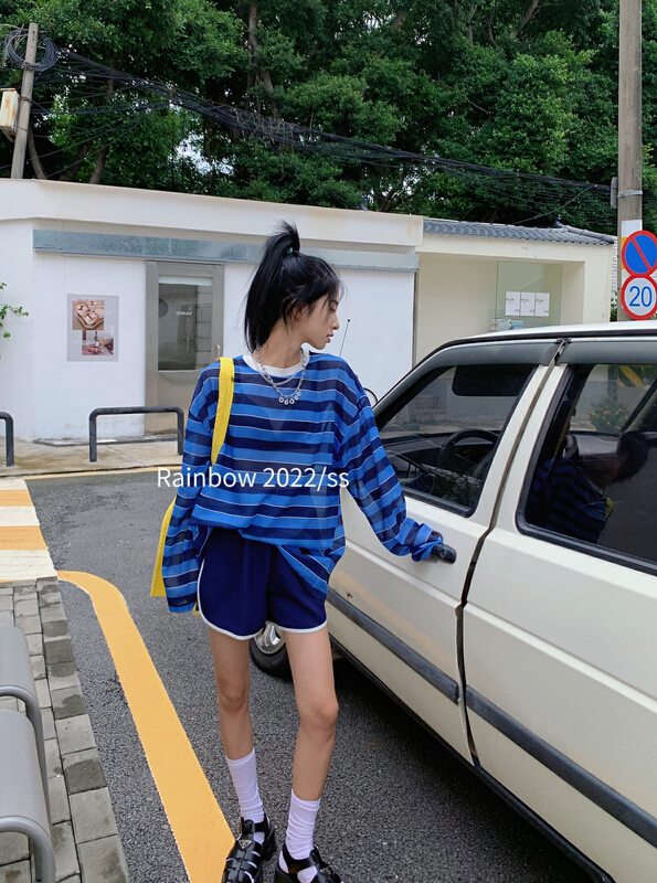 [rainbow] blue stripe long sleeve sunscreen Top + contrast edge Elastic Waist Shorts Set 5287