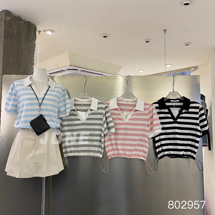 [June] Polo neck stripe loose short sleeve T-shirt 802957\xyy