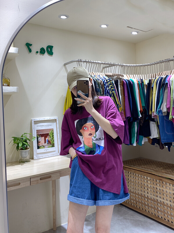 [da.7] printed loose round neck short sleeve T-shirt 2620-\lsl