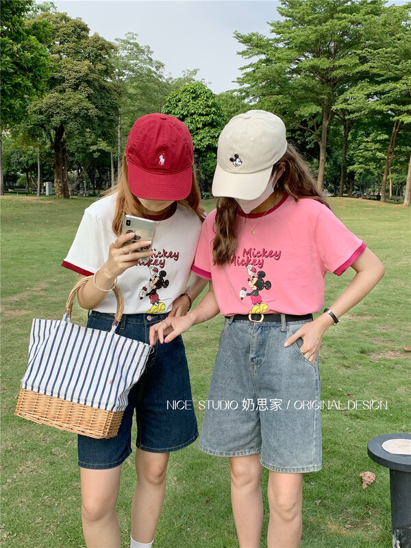 [naisijia] round neck color contrast edge versatile cartoon Mickey short sleeve T-shirt 3701\zjy