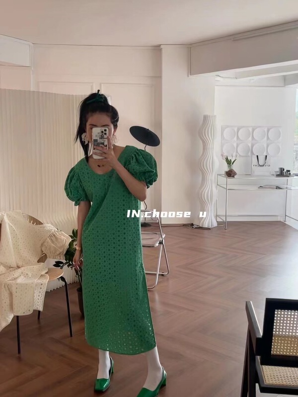 [in.choose u] round neck bubble sleeve versatile embroidered dress 69315\cqw