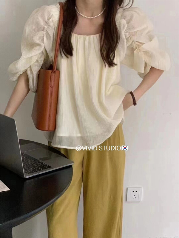 [vivid] Korean simple square neck bubble sleeve shirt 1727\zjy
