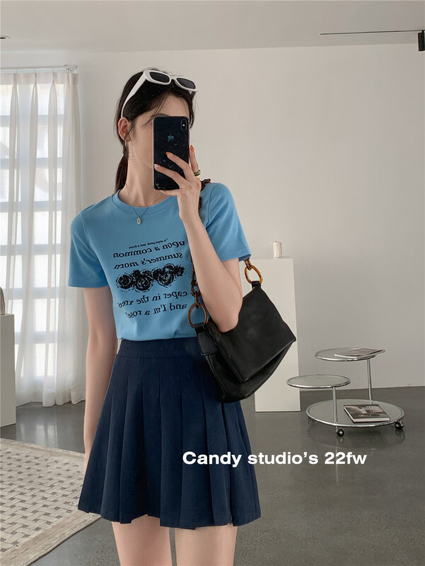 [candy] casual simple printed round neck Pullover thin short sleeve T-shirt s3305\zjy