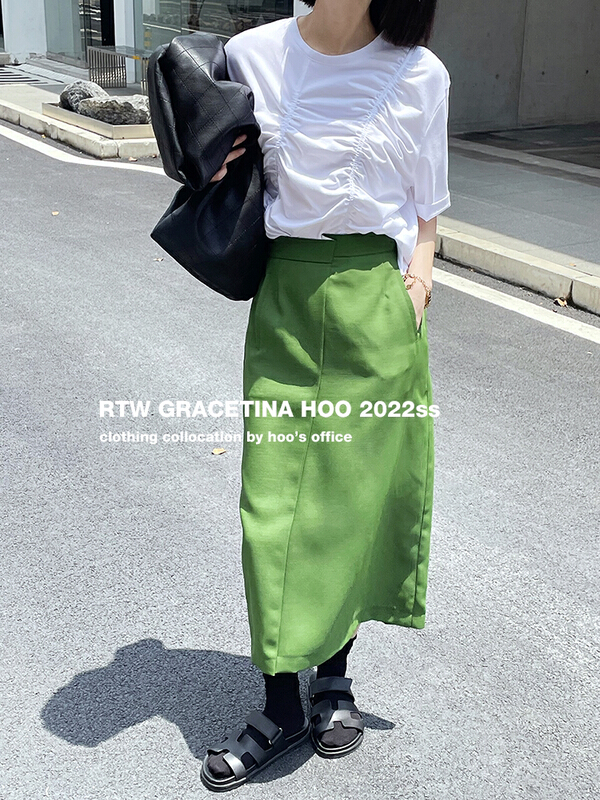 [gracetina Hoo] irregular staggered waist H-shaped skirt (vertical cool woven tr fabric) bq6157\cqw