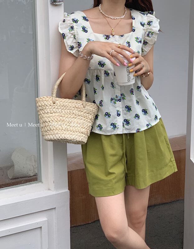 [meetu] Korean pure color elastic waist tie casual shorts 22222\hbx