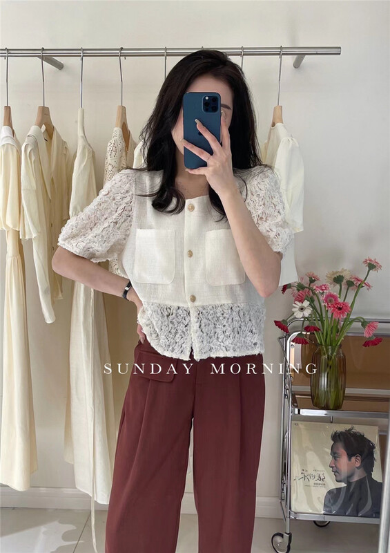 [Sunday morning] round neck lace sleeve temperament shirt 9173\zjy
