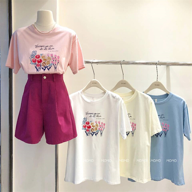 [Momo] loose and simple printed short sleeve T-shirt (short sleeve T-shirt only) 3898\hbx