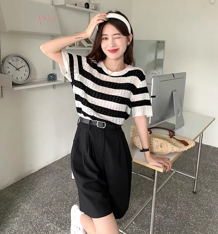 [jun.t] black and white stripe T-shirt ➕ Suit pants suit (with belt) 6158\pcz