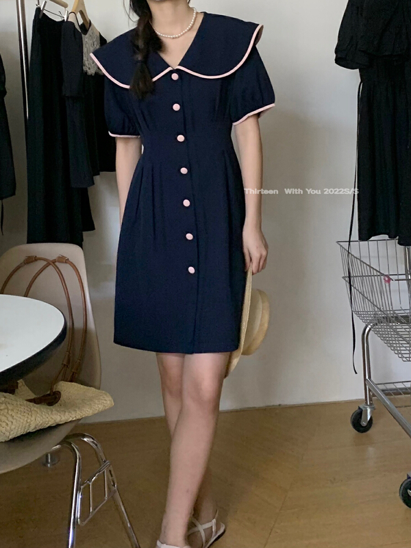 [thirten 13] lady temperament color contrast edge dress 2195\xyy