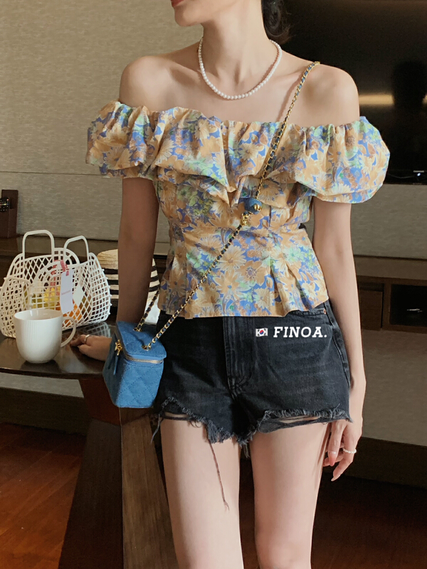 [finoa] shoulder lotus leaf edge patchwork floral shirt finoa10563