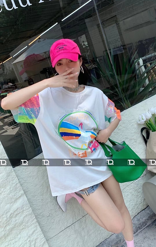 [tangdou original] heavy industry Sequin sleeve hot drill Pullover printed short sleeve T-shirt 9669\wtt