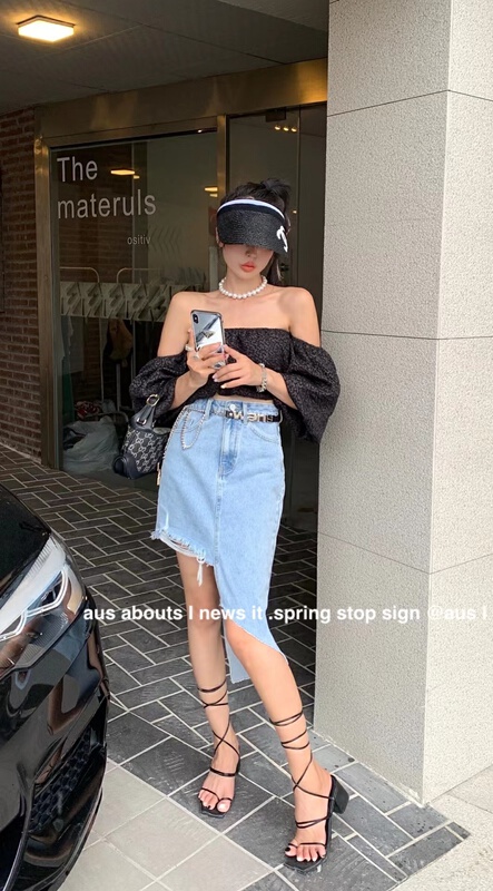 【 aus 】 Korean irregular denim personalized skirt (with belt) g610\lsw