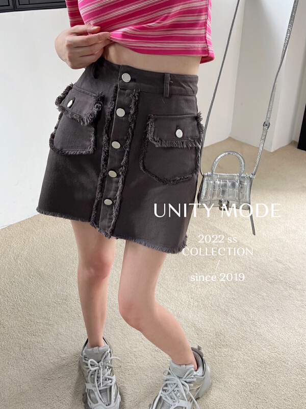 [unit] single breasted short skirt women's raw denim skirt A-line high waist slim skirt 6521