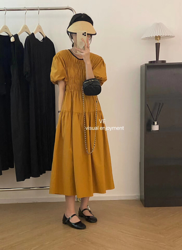 [ve] fashion round neck waist closing contrast dress 99035\hbx