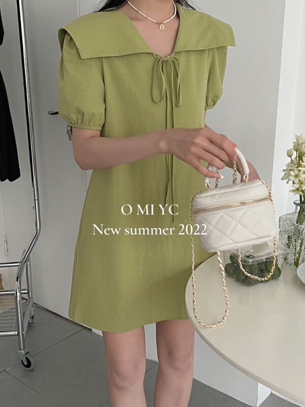 [O MI] Korean aging Navy neckline lace up dress ys-7501\hbx