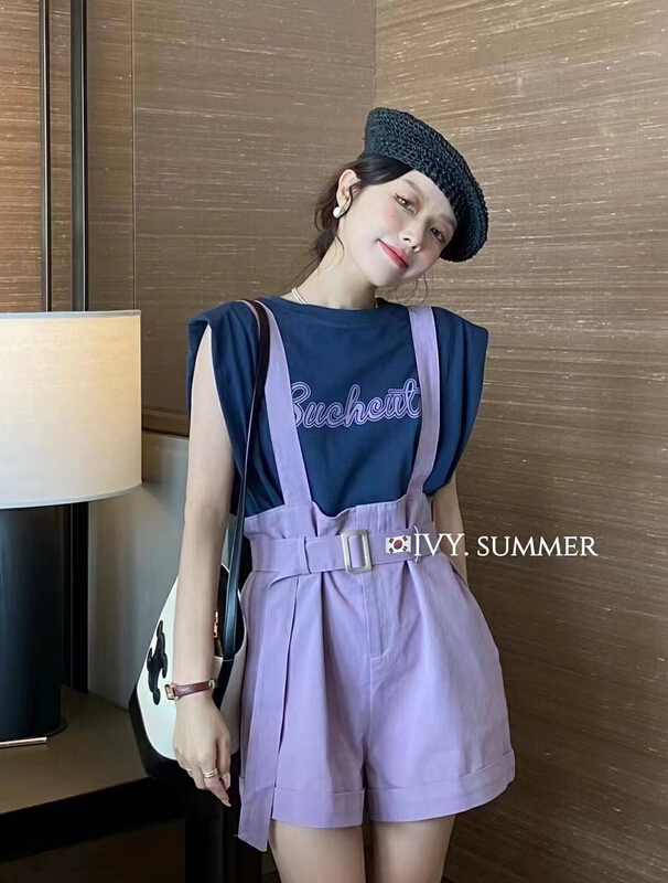[Anan] round neck fresh letter printed Vest + age reducing suspender suit (with belt) 2169\wtt