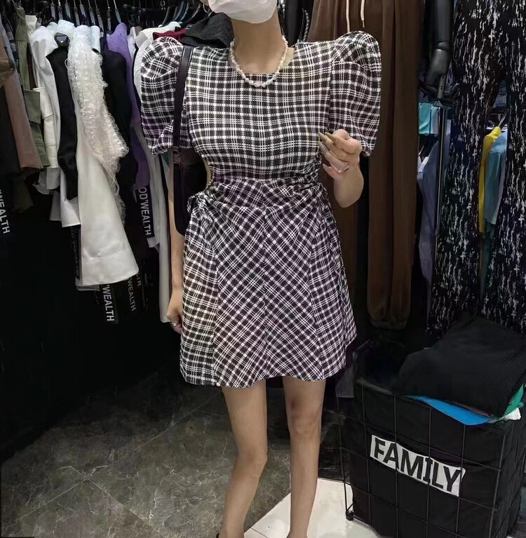 [MI] New Retro Plaid waist free bubble sleeve dress 9705\pcz